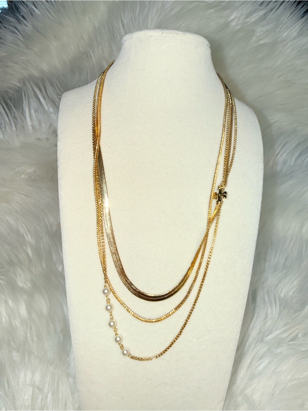 Tory Burch Kira Logo & Imitation Peal Multi-strand Layered Necklace